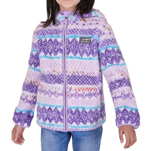 Eddie Bauer Quest Fleece Plush Hooded Jacket Girls XS 5 6 Purple White Fair Isle - Picture 2 of 12